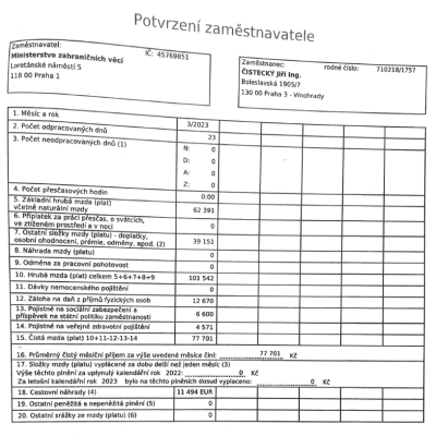 Velvyslanec ČR ve SRN ing. Jiří Čistecký: Potvrzení od zaměstnavatele, platy, funkce, mrhání veřejnými penězi, krádeže za bílého dne…