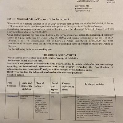 Čistecký pokuta 157 Euro Itálie 8.8.2024