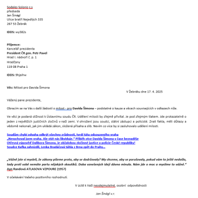 Hrad žádost o milost David Šimon 17.4.2025