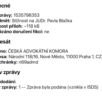 potvrzení o odeslání podnětu k ČAK