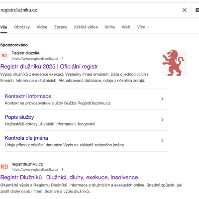 kopie stránky Google, který propaguje klamavé označení registru