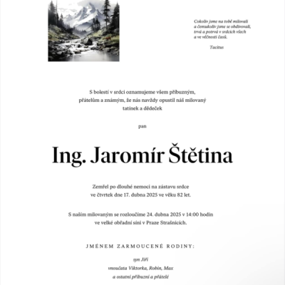 Strašnice: čtvrtek  24.4.2025 (14:00 hod.) - Jaromír Štětina, poslední rozloučení…