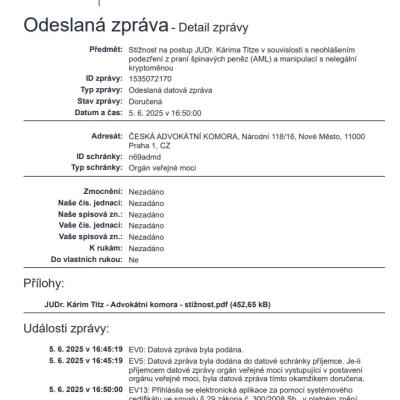 Potvrzení o postoupení stížnosti k ČAK